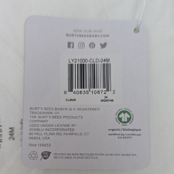 Burt's Bees NWT Baby Pure White V-Neck Short Sleeve Tee - Picture 4 of 7